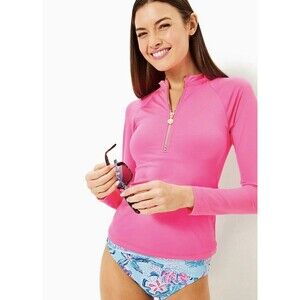 NWT Lilly Pulitzer Nayte Rashguard Swim Top UPF 50+ Roxy Pink Long Sleeve Zip 6